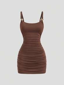 SHEIN Sweetro Bộ trang phục mùa hè mới kiểu Âu và Mỹ, váy ngắn ôm sát gợi cảm với dây xoắn và khóa kim loại, đa năng cho việc đi lại hàng ngày, màu nâu. - màu nâu - Xem 1