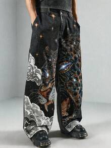 Street Life Quần jeans nam ống đứng rách rưới, đính đá hình hổ. - màu đen - Xem 7