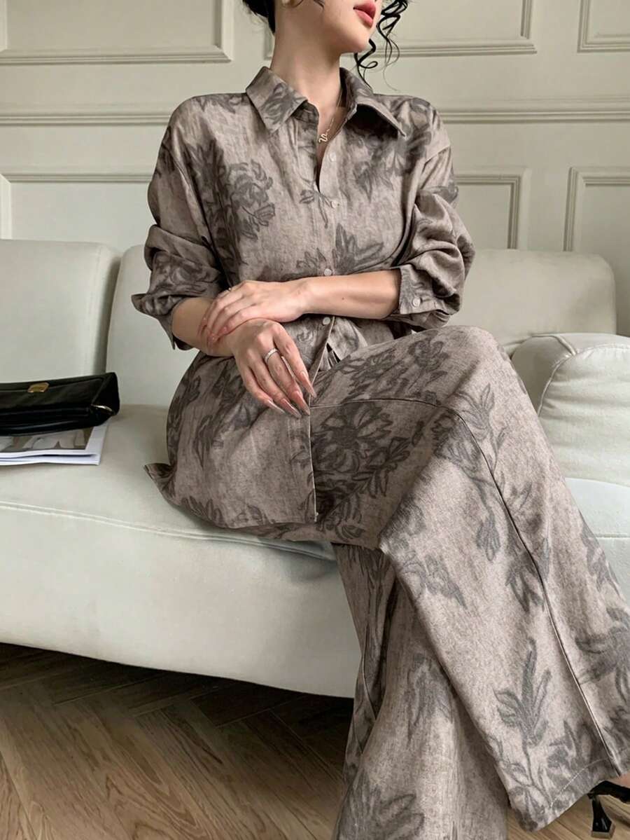 DAZY Women's Fashionable Elegant Printed Button-Up Shirt & Pants 2 Pieces Set Lounge Sets For Women - Khaki - View 1