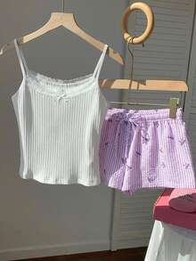 Conjunto informal de 2 piezas de mujer con camiseta de tirantes a rayas y shorts, para verano - Morado - Ver 3