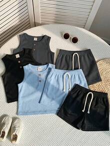 SHEIN 6件套儿童男童休闲无袖圆领上衣和短裤两件套，适合上学、花园、海滩、生日等各种场合，春夏秋冬皆宜，百搭上衣，男童套装，少女套装，校服上衣，儿童男童T恤 - 彩色 - 查看 12