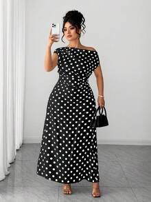 Elenzga Plus Size Women Summer Black White Polka Dot Oblique Collar Vintage Elegant Cocktail Dress,Autumn Curve Ruched Fitted Commute Office Gatherings Dress - Black - View 5