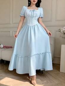 Pink Lace Patchwork Ruffle Hem Elegant Dress For Women - Blue - View 4