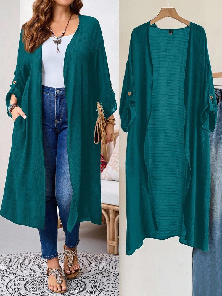Plus Size Solid Color Loose Casual Jacket With Pockets, Versatile For Daily Wear