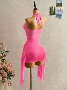 SHEIN BamGlam 女士新款性感露肩吊带连衣裙，Y2K复古风，甜辣混搭，薄纱面料，露肩设计，吊带款式，性感镂空设计，透明雪纺面料，度假风，2026时尚，| 服装，不对称流苏设计，适合海滩度假穿着 - 玫紅色 - 查看 2