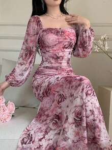 Women's Elegant Flower Print Lantern Sleeve Slim Fit Mermaid Long Dress, Spring/Summer Long Evening Dresses - Multicolor - View 8
