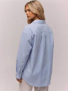 RueChic Women's Blouse – Blue And White Stripe, Two Applique Flower Details Office Summer Tropical - Blue and White - View 5