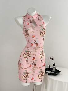 Elamini Women's Spring/Summer Mandarin Collar Button-Up Vintage Elegant Dragon Print Sleeveless Dress, Sweet Sexy, Chinese Retro Style, Y2K Holiday Pink - Pink - View 5