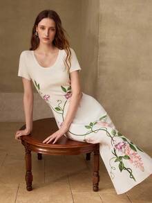 MOTF PREMIUM ELEGANT FITTED PRINTED KNIT DRESS, SPRING/SUMMER - Beige - View 5