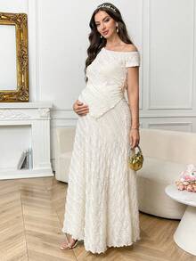 SHEIN This Maternity Two-Piece Set, Featuring An Asymmetrical Neckline Top And Skirt In An Apricot-Colored Textured Fabric, Is Perfect For Pregnant Women Attending Parties, Luxurious Gowns, Weddings, And Other Occasions. An Elegant Summer Two-Piece Maternity Set. - Beige - View 6