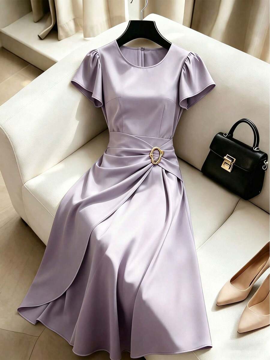 Franclia 女士优雅派对礼服，缎面金属装饰连衣裙，短袖圆领连衣裙，淑女连衣裙，夏季连衣裙，沙滩装，沙滩裙，休闲连衣裙，春夏新款连衣裙 - 紫色 - 查看 1