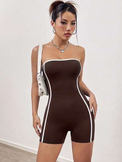 SHEIN HypeZone 棕色露背短款连体衣，适合女性运动和户外活动