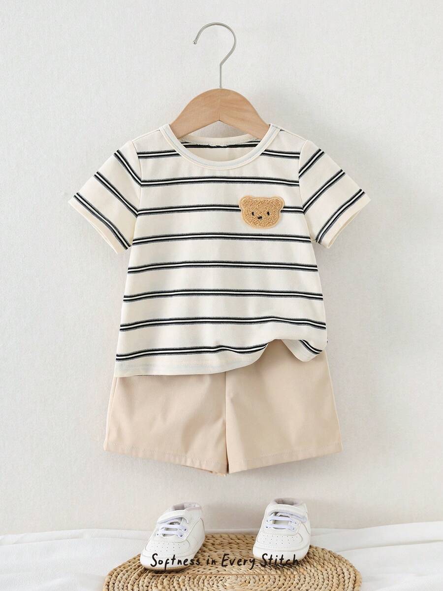Cozy Pixies 2pcs/Set Kids Baby Boy/Girl Striped Bear Print Soft Knit Round Neck Short Sleeve Top And Elastic Waist Khaki Shorts - Multicolor - View 1