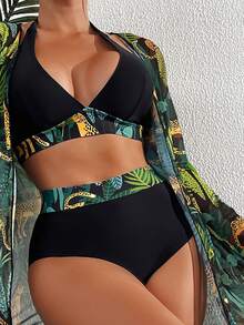 Swim Lushoire Summer Beach Tropical Print Halter Triangle Bikini Set With Kimono - Multicolor - View 3
