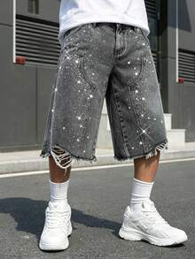 GALLERY FADE Quần short denim ống rộng rách rưới đính đá lấp lánh, phong cách đường phố dành cho nam giới. - Màu xám đen - Xem 1