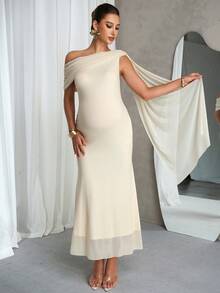MaterniChic Maternity Elegant White Summer Dress,Pregnant Women's Asymmetrical Shoulder Bodycon Luxury Evening Party Dress For Baby Shower Wedding Guest - Apricot - View 3