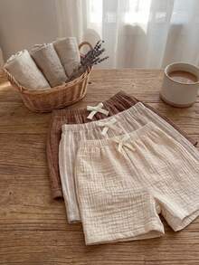 SHEIN 3pcs Baby Boy Elastic Waist Pants With Decorative Ribbon,Comfortable&Versatile Set Toddler Cotton Shorts Babyboy Short Summer Plain - Khaki - View 5