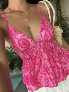 Sunnyshic Women's Summer Vacation Casual Bohemian Print Backless Ruffle Hem Camisole - Hot Pink - View 4