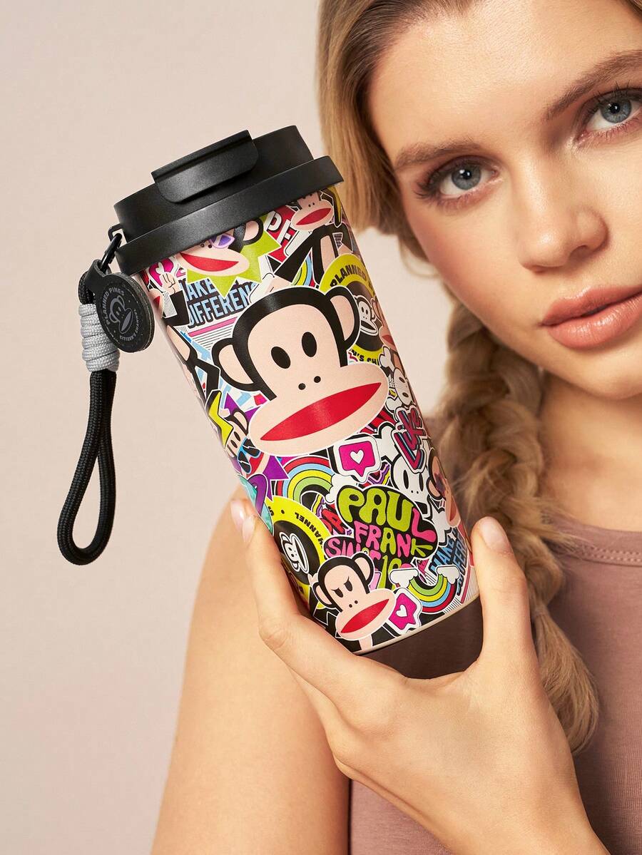 Paul Frank X SHEIN 500毫升/16盎司真空隔热不锈钢杯,配1个防漏盖,适用于冷热饮,适用于大多数车载杯架 - 黑色 - 查看 1
