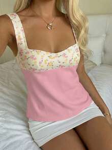 CovetEZ 2026新款甜美奶油黄碎花休闲派对亮面缎面粉色撞色拼接露背系带吊带背心（女款） - 彩色 - 查看 5