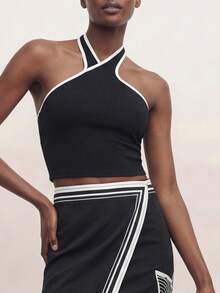 CAJUNI Women's Summer Fashionable Casual Vacation Contrast Trim Backless Halter Top - Black and White - View 1