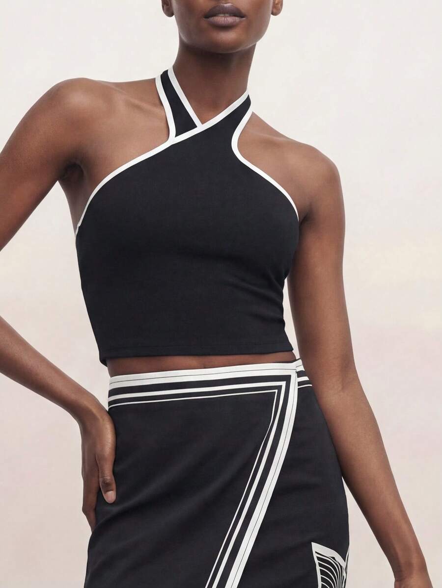 CAJUNI Women's Summer Fashionable Casual Vacation Contrast Trim Backless Halter Top - Black and White - View 1