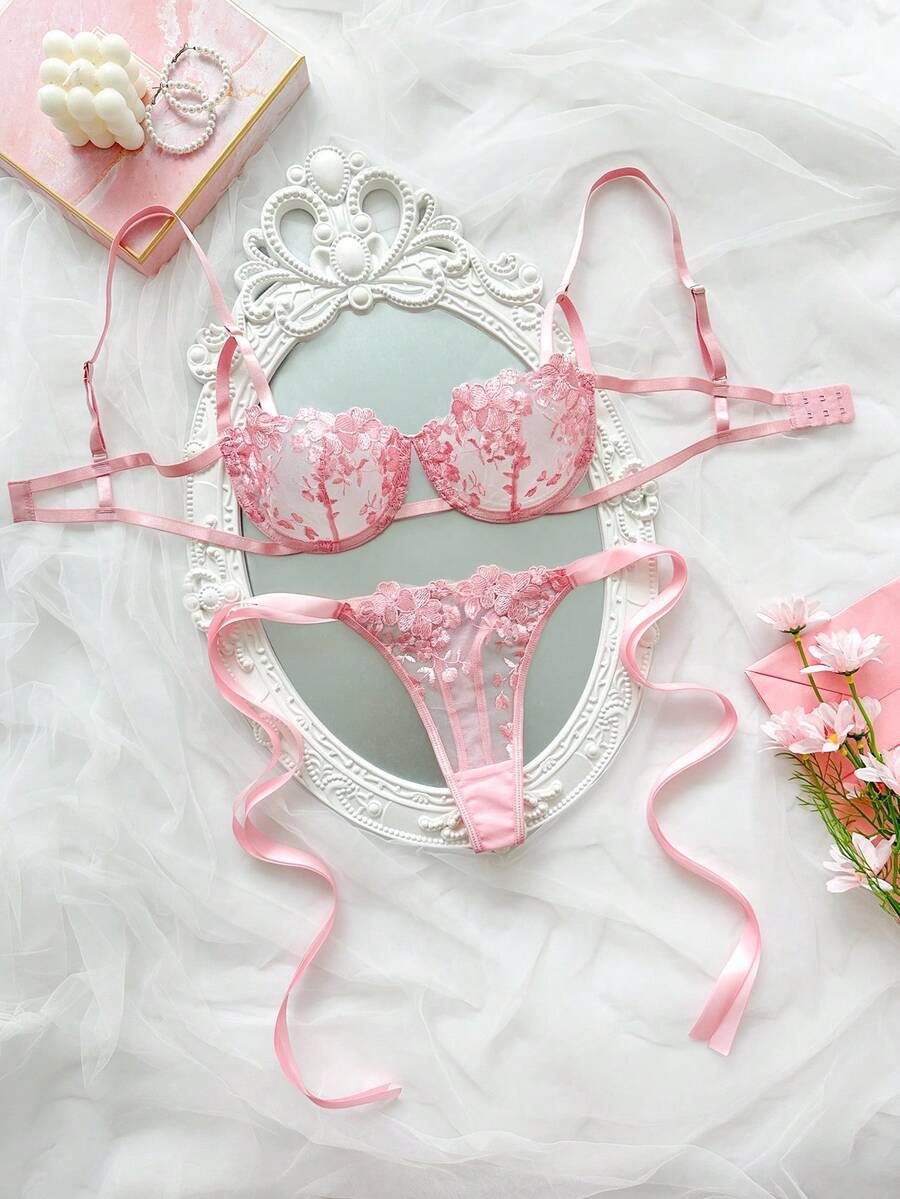 2 piezas Conjunto de lencería con cordones y bordados en azul cielo para mujeres - Rosa - Ver 1