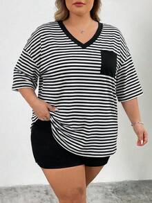 SHEIN CURVE+ 大码曲线/校园服/返校服/返校季大号条纹休闲简约大码T恤，适合夏季穿着，带口袋 - 黑與白 - 查看 5