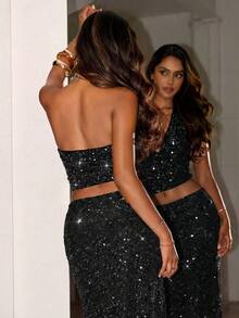 SHEIN ICON Áo thun nữ cổ yếm đính sequin phối nhiều màu, kiểu dáng thường ngày, đa năng. - màu đen - Xem 2