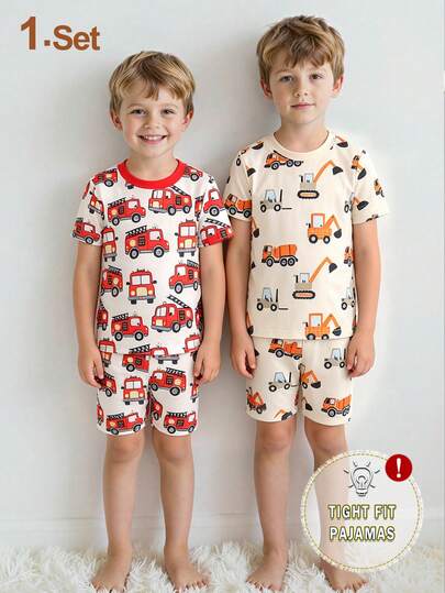 2pcs Boys Cartoon Fire Truck Print Short Sleeve Shorts Snug Fit Pajama Set
