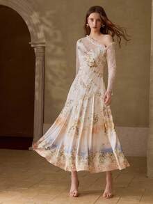 PREMIUM 女士优雅印花撞色蕾丝长裙 - 杏色 - 查看 1