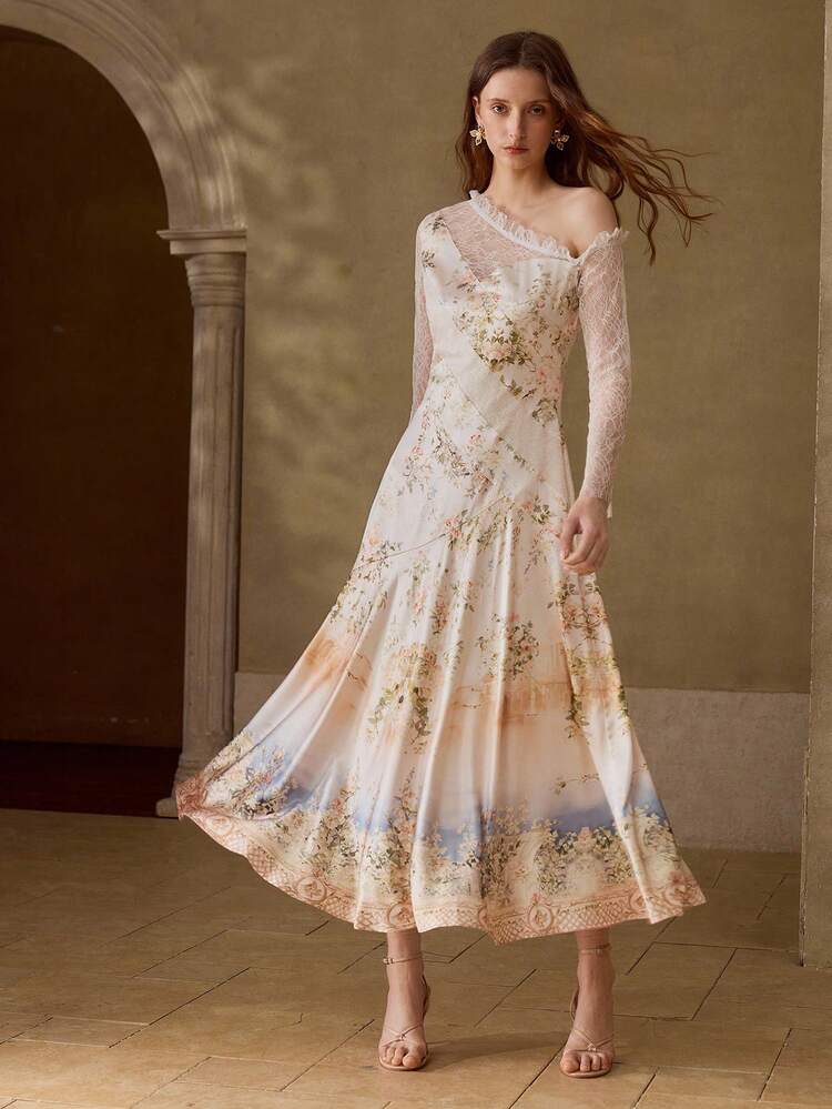 ELEGANT PRINTED CONTRAST LACE LONG DRESS FOR WOMEN