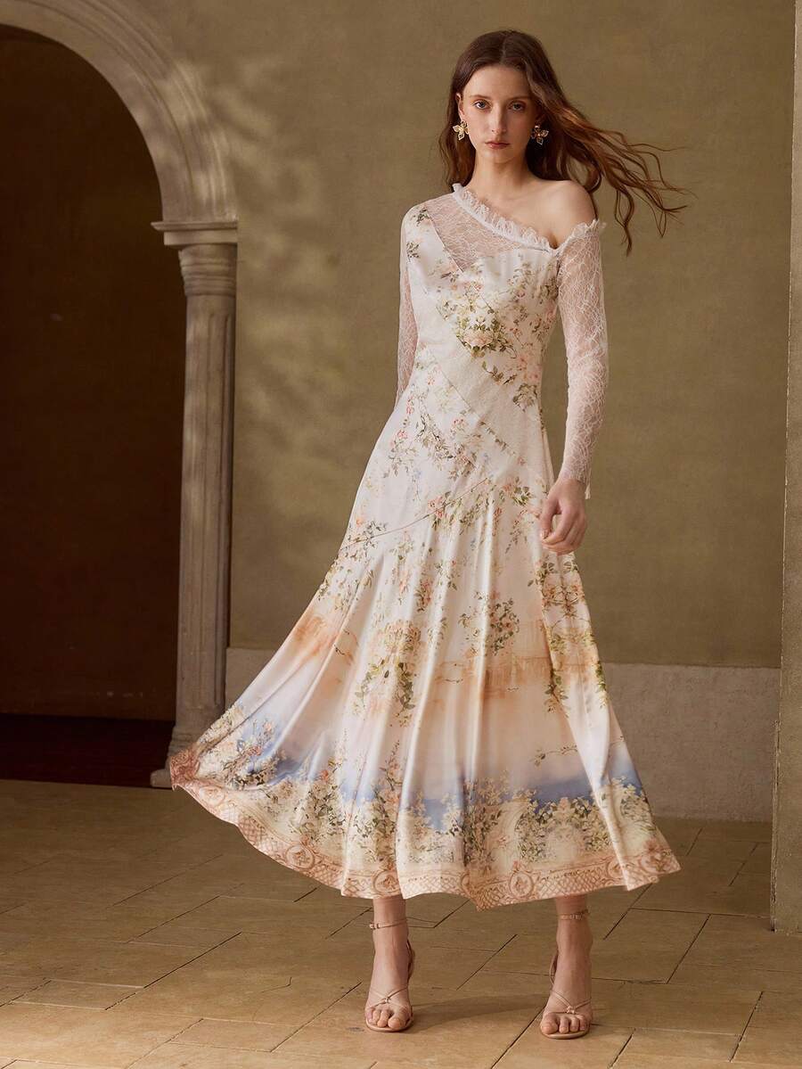 PREMIUM 女士优雅印花撞色蕾丝长裙 - 杏色 - 查看 1