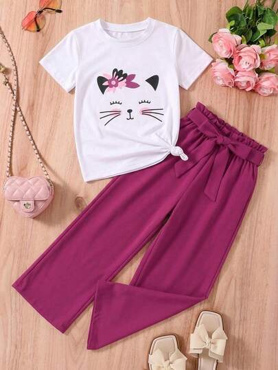 Adorable conjunto de dos piezas para niñas: top de manga corta con un lindo estampado de gato y pantalones palazzo.
