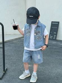 2pcs Toddler Boys' Letter Embroidered Light Blue Denim Vest And Loose Shorts Set - Light Wash - View 10