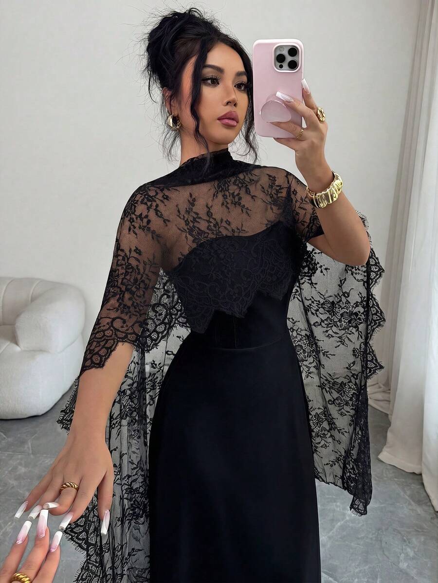 Elenzga Elegant Black Fall Winter Lace Patchwork Halter A-Line Maxi Dress,Ruffle Hem Front Fish Bone Line Divider Long Trailing,Party Holiday Dress - Black - View 1