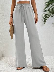 SHEIN Tall Women's Khaki Casual Vacation Style Elastic Waist Drawstring Relaxed Straight Leg Pants - Light Grey - View 4