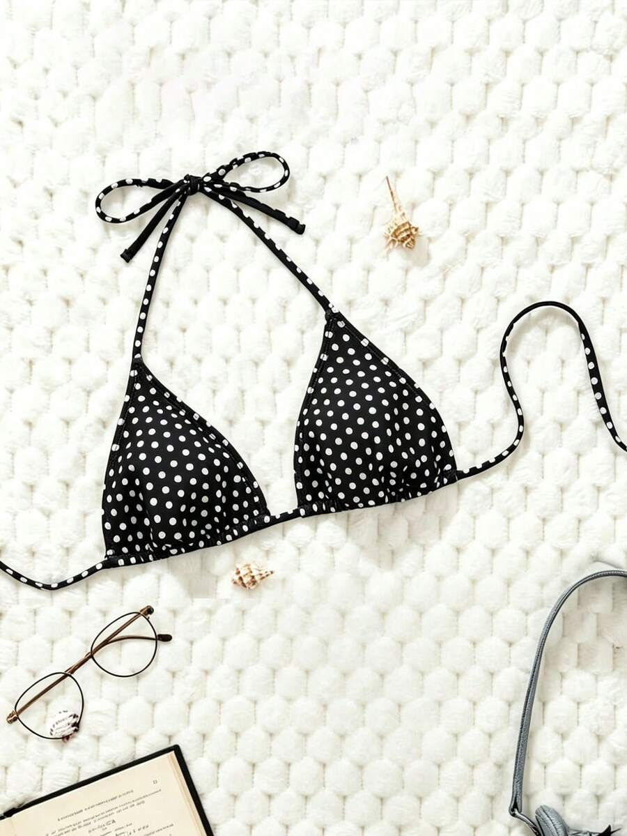 SHEIN Swim 2026新款加大码女式波点印花泳衣上装,可爱休闲日常穿着 - 黑與白 - 查看 1