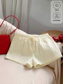 Comfortcana Women's Casual Loose Drawstring Solid Color Shorts, Versatile Daily Wear Cream Linen Shorts - Cream - View 6