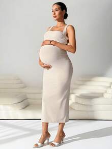 SHEIN MaterniWear Pregnant Women's Solid Color Pleated Backless Elegant Party Dress - Beige - View 6