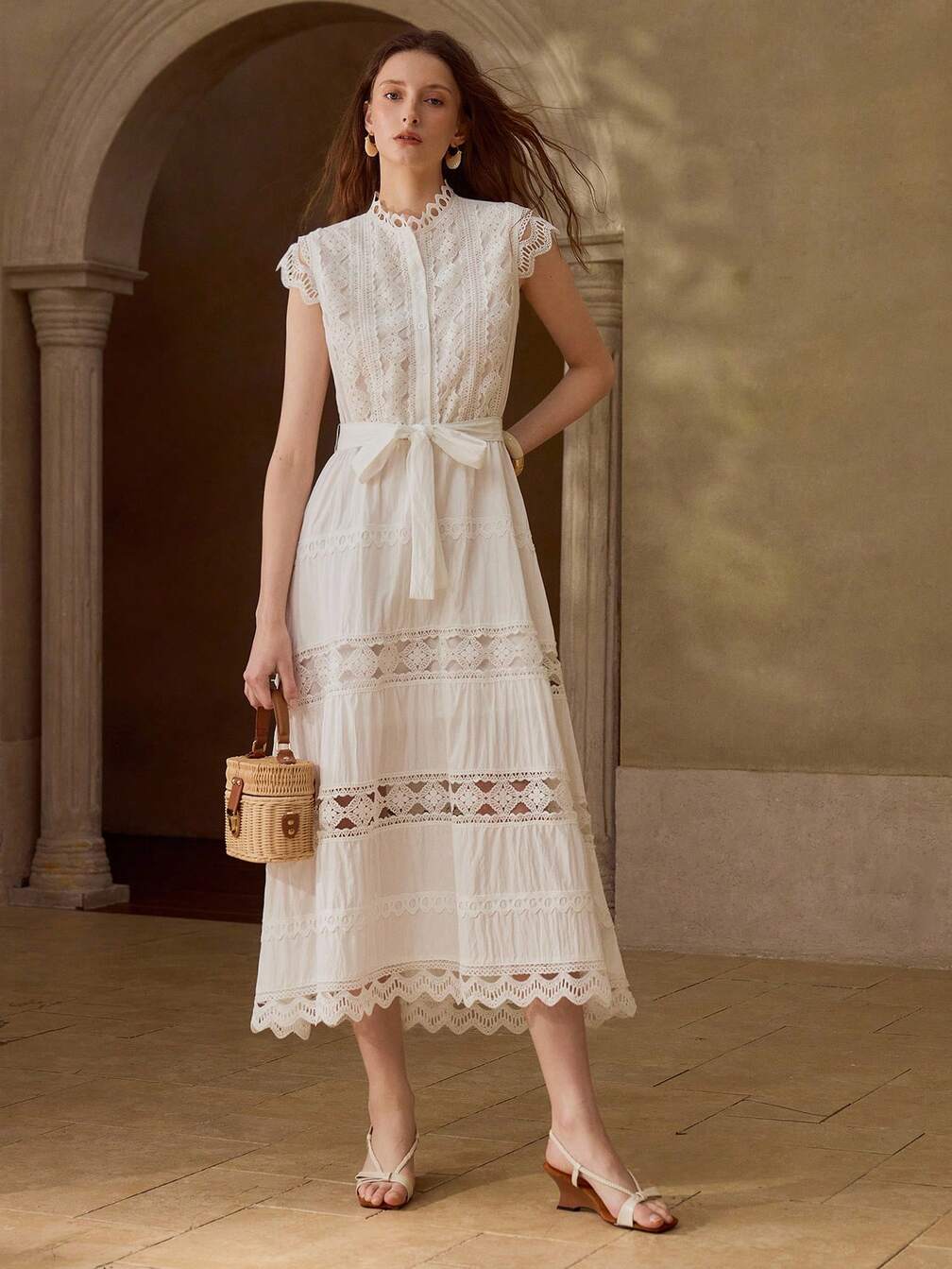 guipure lace dress Marchesa Notte Gown straps and a flared skirt with a gathered peplum.Sandro Womens midi guipure lace dress VINE GUIPURE LACE MAXI DRESS