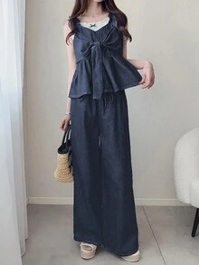 FRIFUL 女士夏季休闲系带牛仔上衣和牛仔裤套装 - 中等水洗藍 - 查看 5