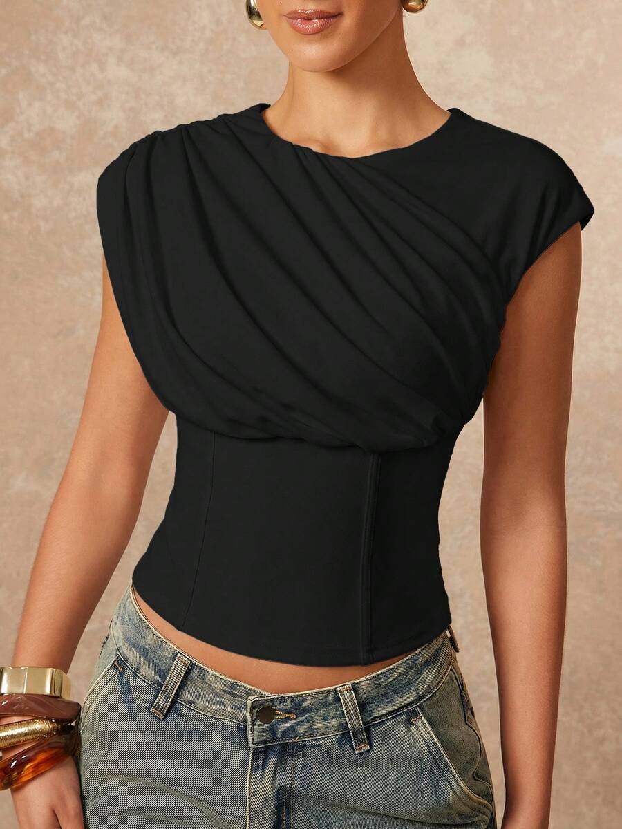 Lumalex 女士休闲圆领褶皱腰部短袖上衣 - 黑色 - 查看 1