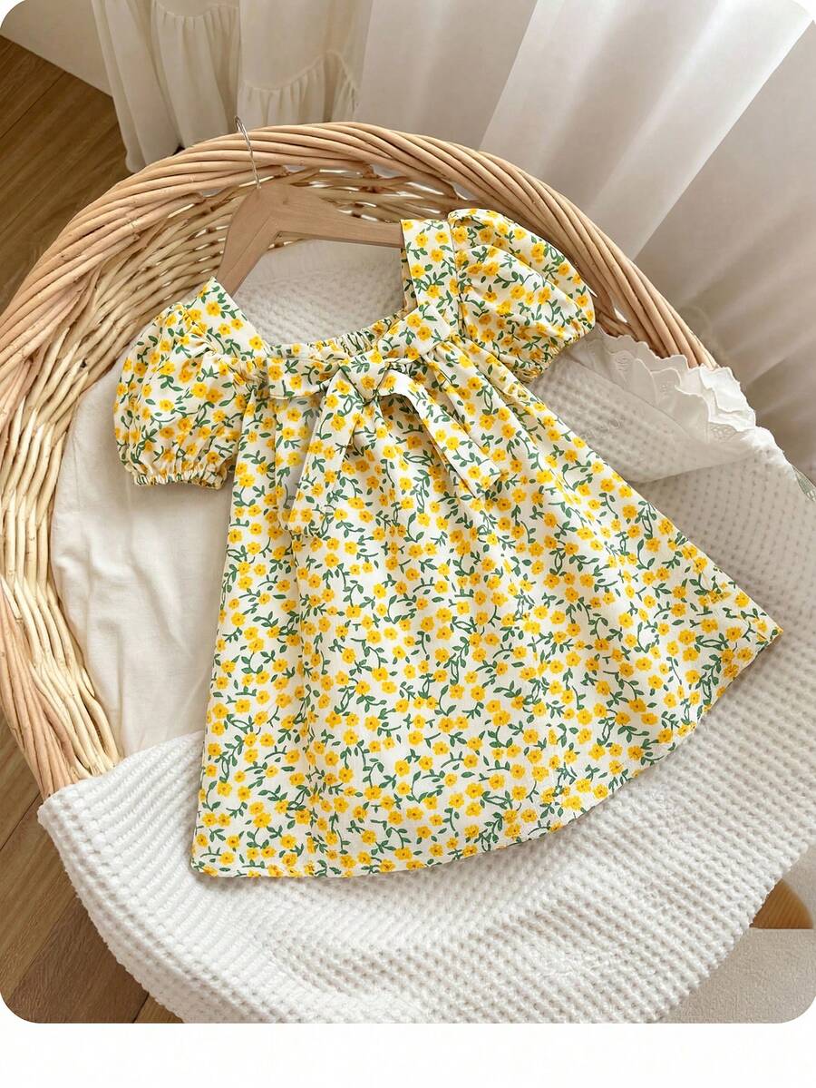 SHEIN 女婴可爱绿色格子短袖蝴蝶结宽松连衣裙，夏季 - 黃色 - 查看 1