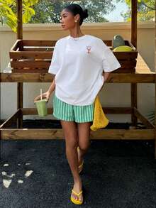 Veykashi 超大宽松圆领纯棉T恤，吸湿排汗印花图案 - 白色 - 查看 7