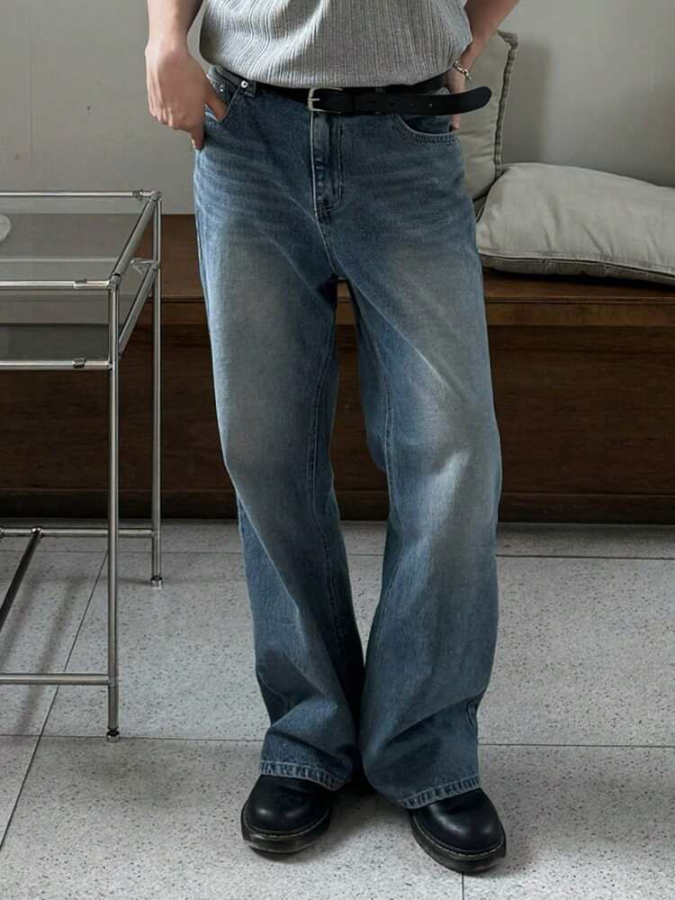 Long Blue Washed Vintage Straight Leg Men's Jeans