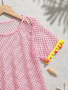 SHEIN Tween Girls' Mesh Short Sleeve Coverup - Pink - View 3