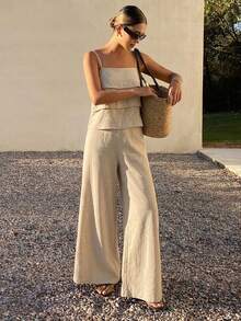 Livesso 两件套女士休闲吊带背心（荷叶边下摆）和裤子 - 米色 - 查看 4