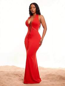 SHEIN SXY Plus Size Red Summer Bandage Halter Neck Tie Slim-Fit Long Dress Metallic Eyelets High-Elastic Knit Sleeveless Bohemian Sexy Elegant Party Vacation - Red - View 5