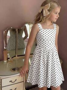 女童优雅经典针织褶皱黑色波点印花吊带连衣裙，宽肩带，适合春夏休闲穿着 - 白色 - 查看 4